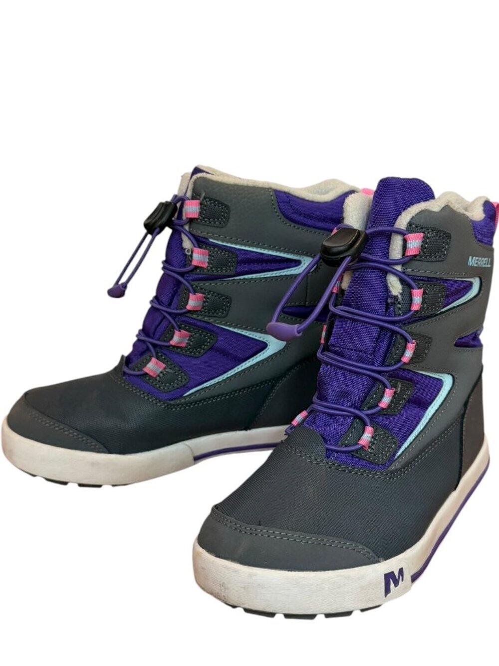 EUC Merrell Snow Bank 3.0 Kids Waterproof Boot Size 3 Unisex Gray Purple